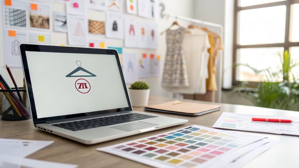 Laptop with fashion logo and color samples on design desk