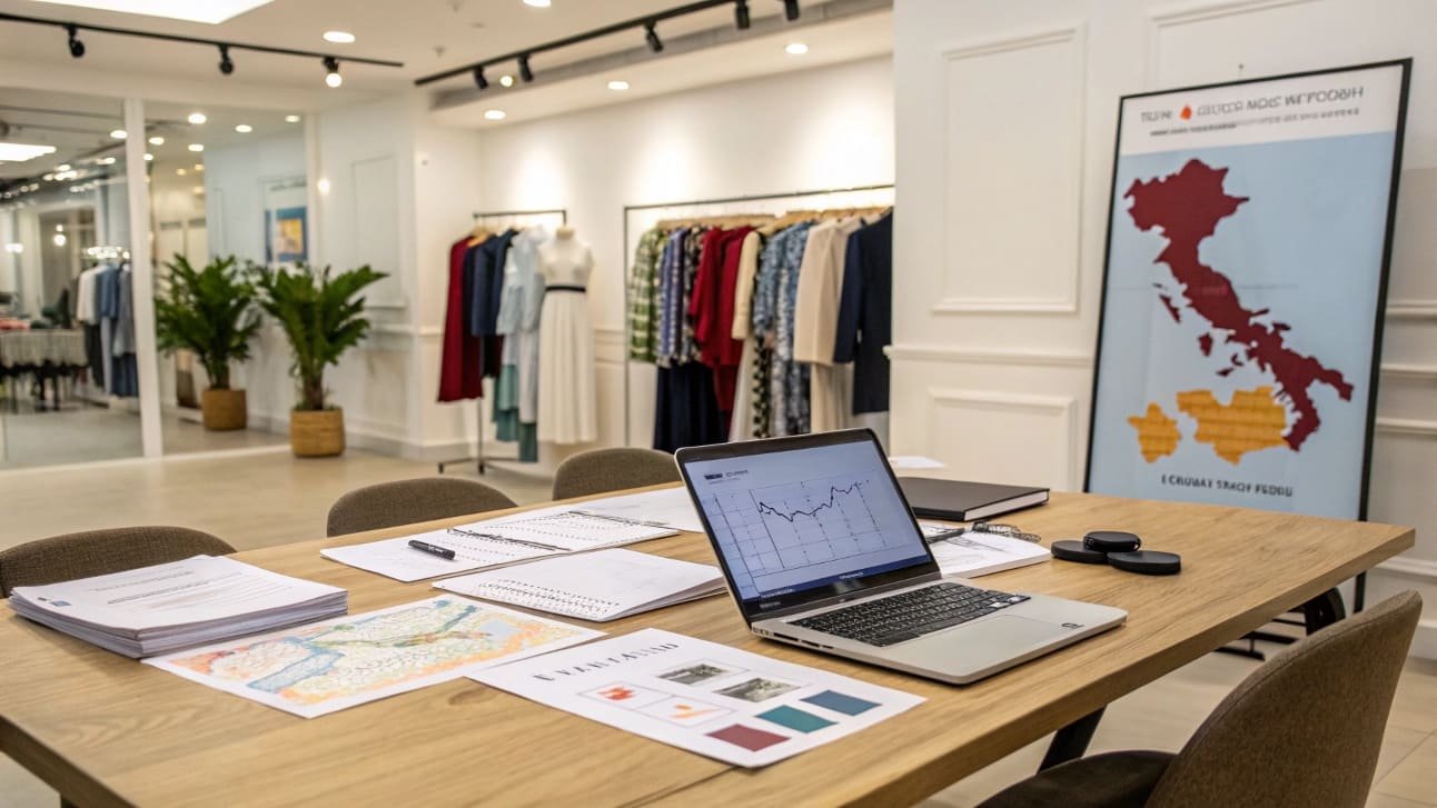 Office table with documents, a laptop showing graphs, and fashion designs with clothing racks in the background.