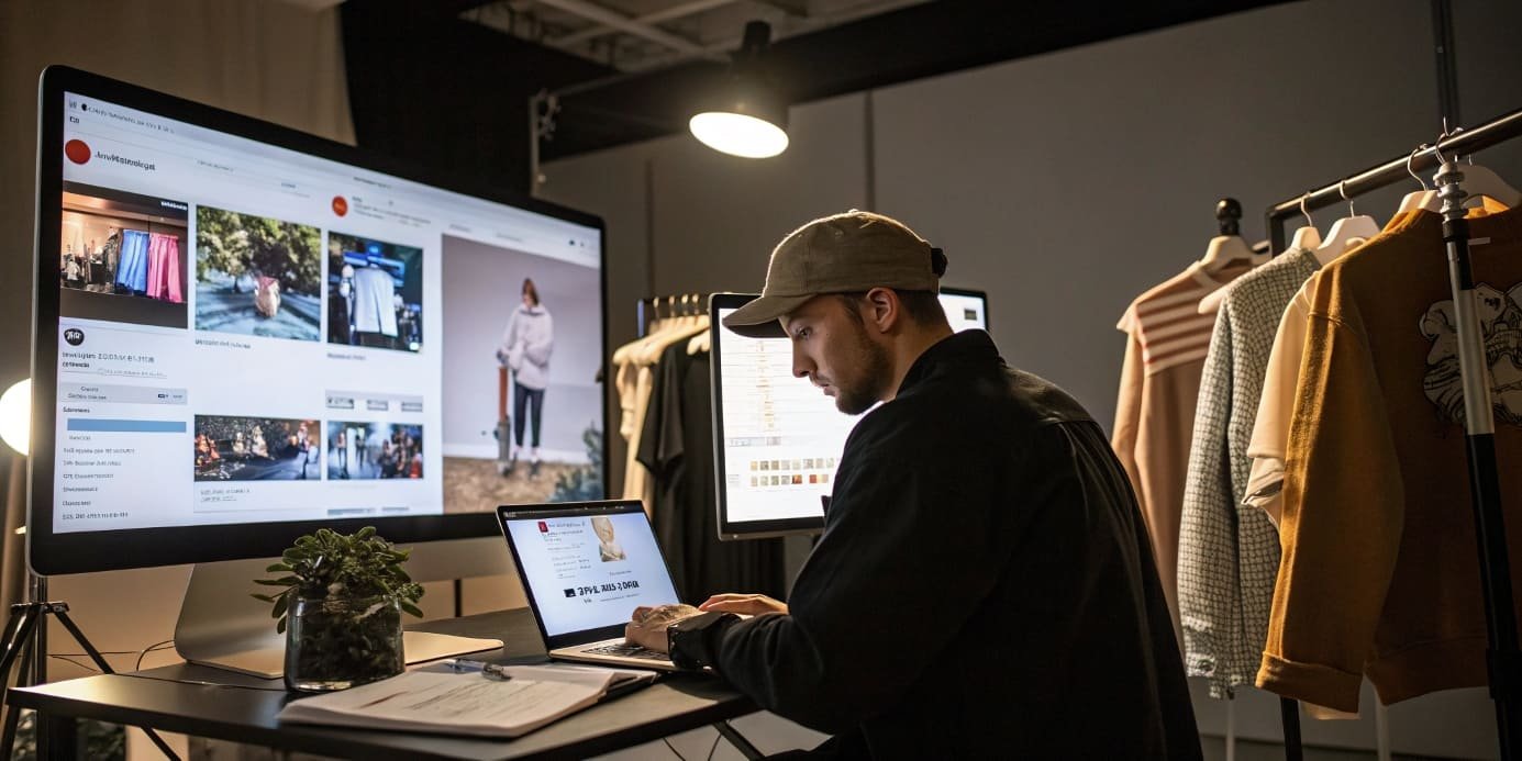 A designer checks fashion collections on multiple screens in a studio.
