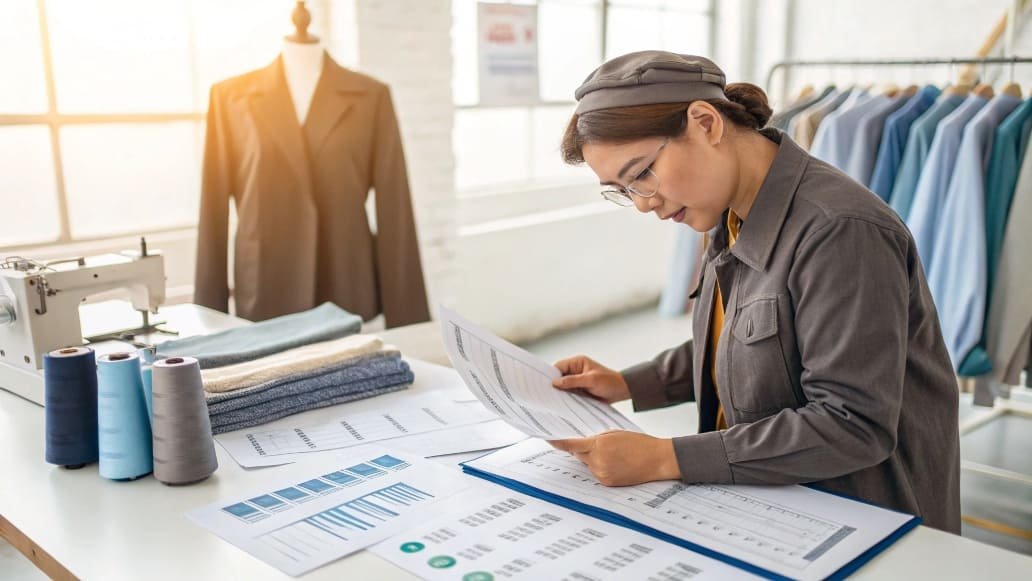 Female designer reviewing design plans and fabrics in a bright studio.