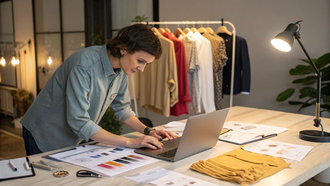 A designer using a laptop to plan a clothing collection.