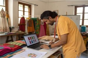 Designer creating clothing concepts using laptop and sketches