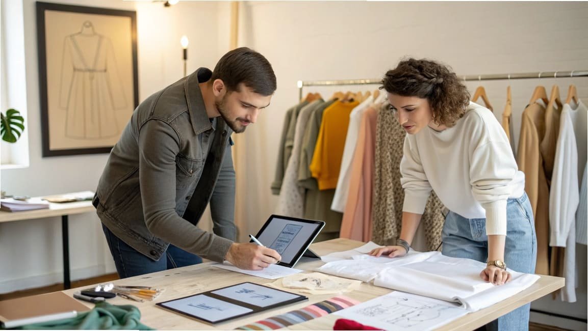 Designers discussing fashion sketches in design studio
