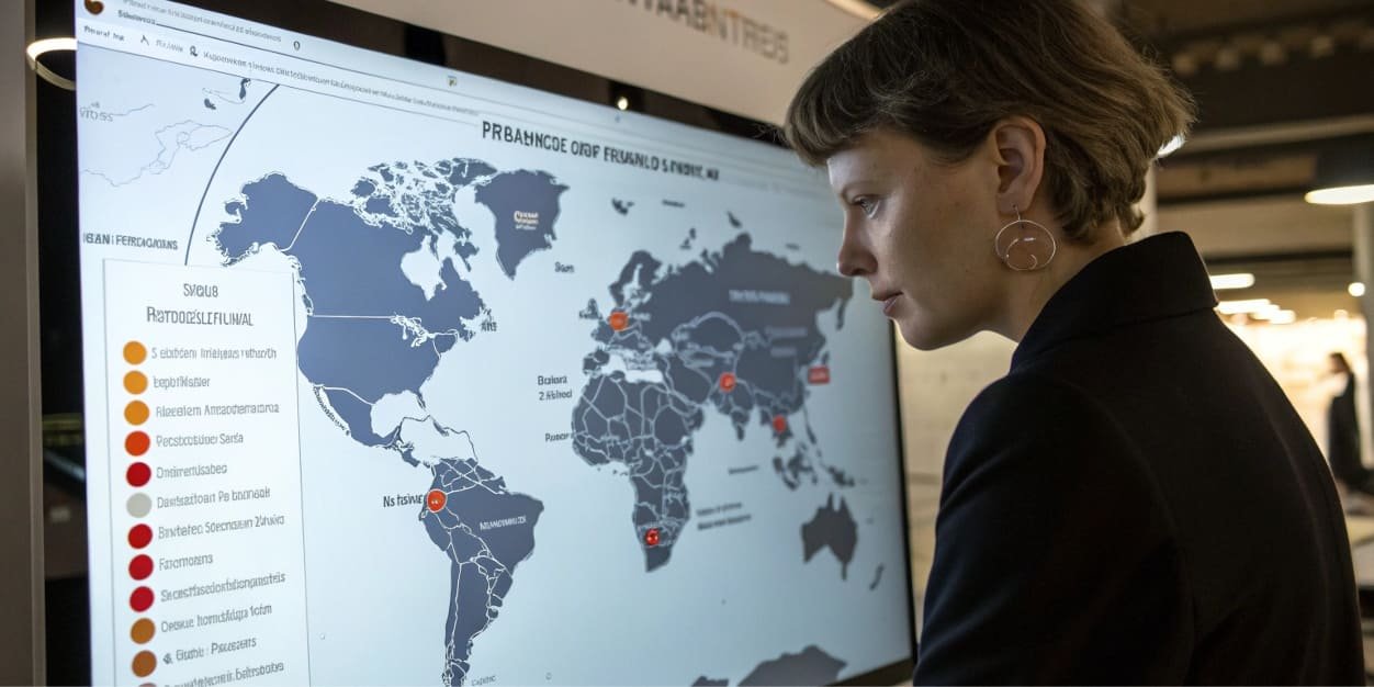 A woman views a global map on a screen, analyzing fashion industry trends.