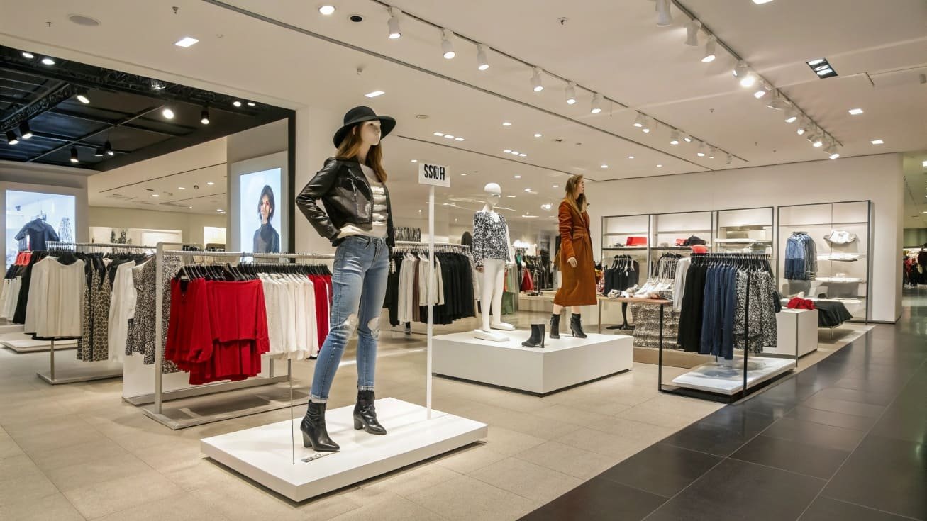 Modern fashion retail store with mannequins and stylish clothing displays.