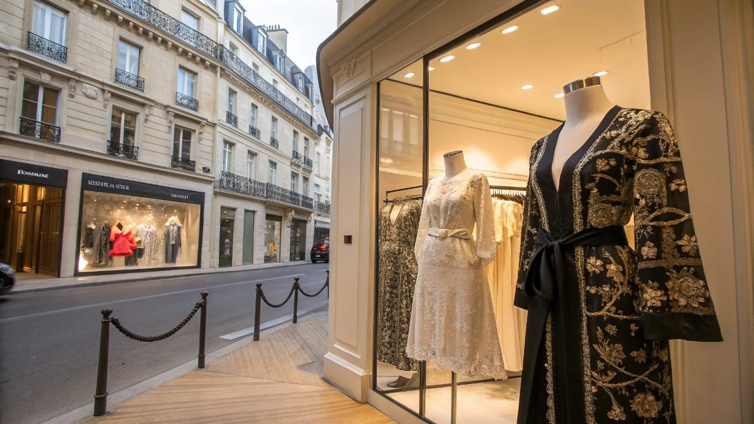Mannequins with elegant dresses in a Parisian boutique