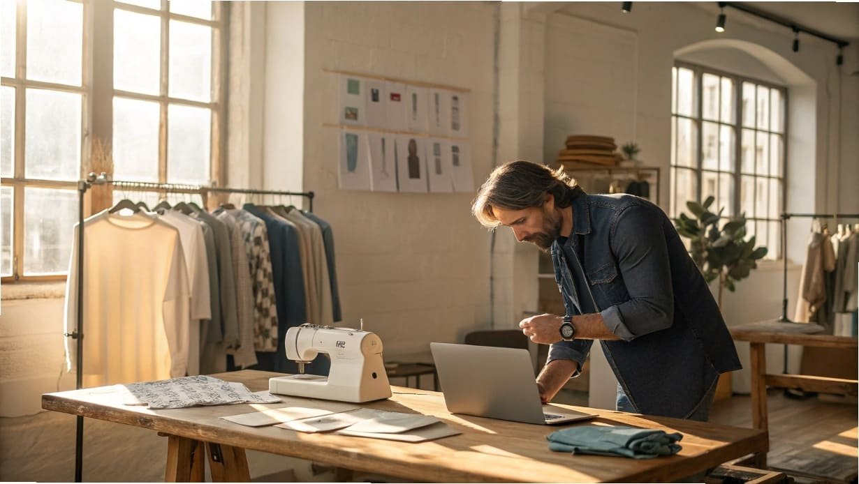 Fashion designer working on laptop in bright studio