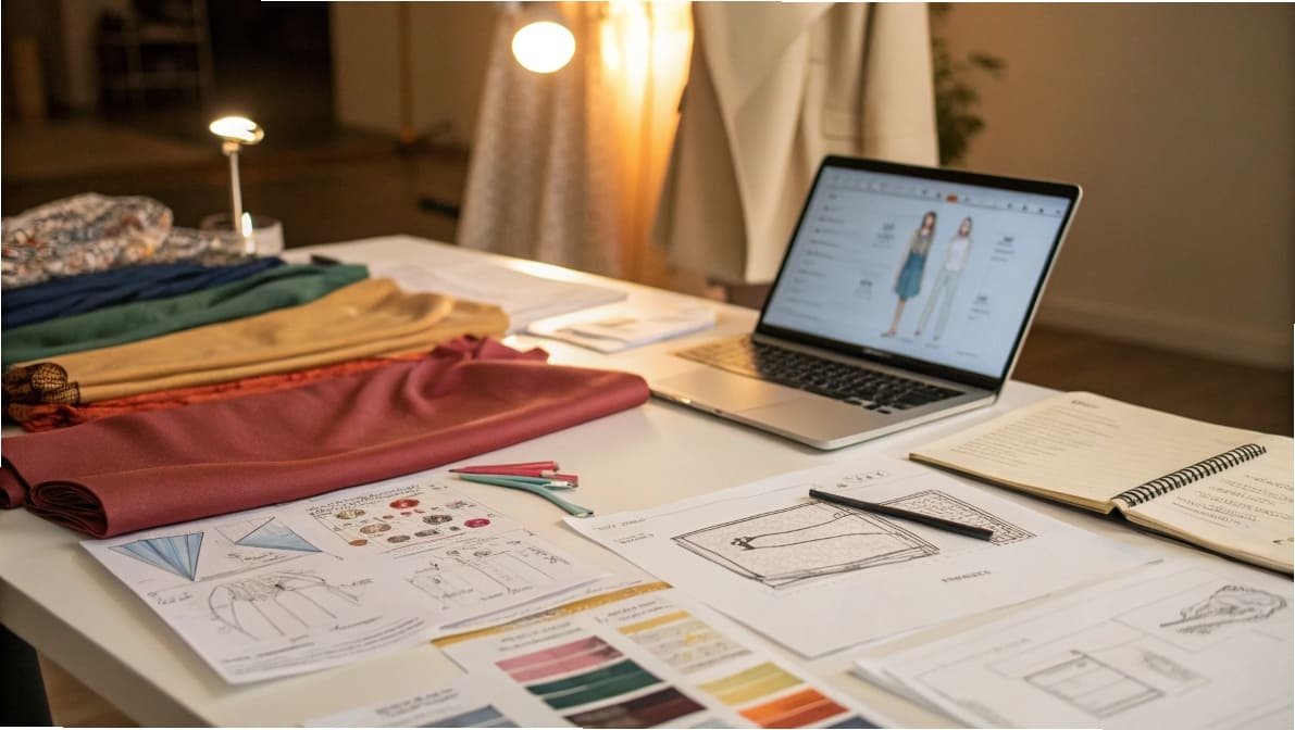 Fashion designer working on fabric designs with sketches and digital tools.