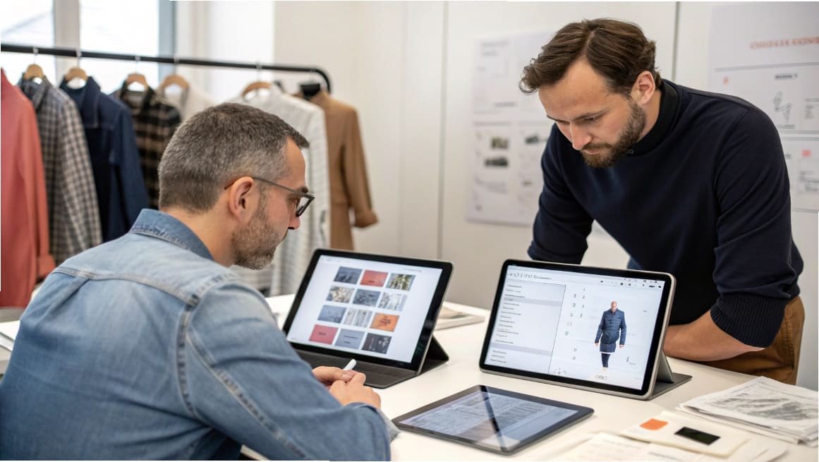 Two fashion designers discussing designs on digital tablets in a studio.