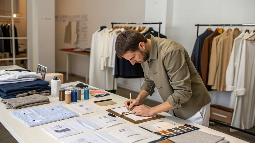 Fashion designer sketching new clothing designs with fabric samples and swatches on the table.