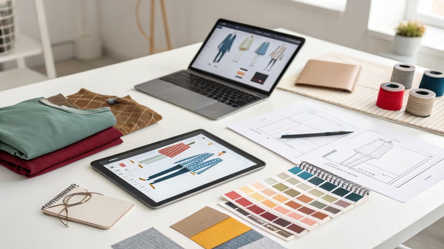Fashion design workspace with a tablet showing garment designs and fabric swatches.