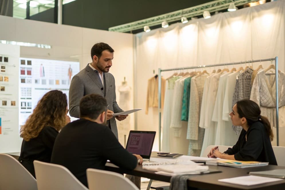 A fashion designer presenting ideas to a group during a meeting in a showroom with clothing samples on display.