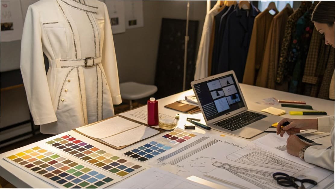 Fashion designer working on sketches and color palettes for a new clothing collection.