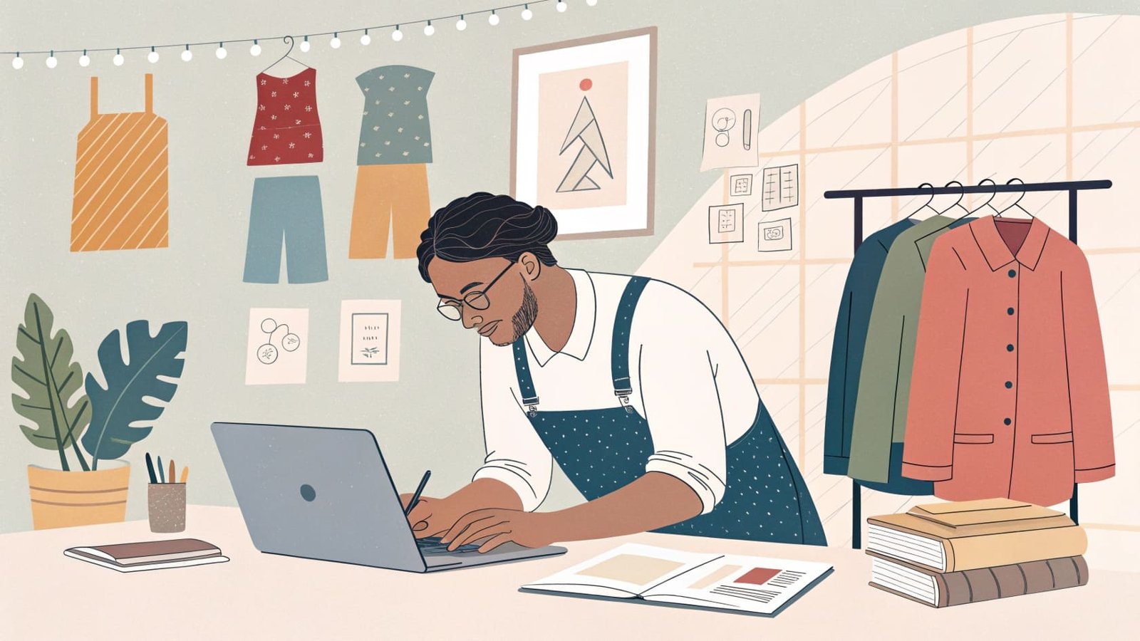 A fashion designer working at a desk with a laptop, sketching designs while surrounded by fabric swatches and hanging clothing.