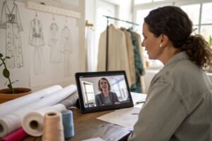 Two professionals discussing sourcing manufacturers and suppliers while watching a video on a large screen in an office.