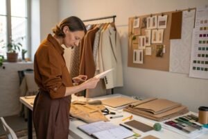 A fashion designer reviewing fabric swatches and designs in a well-lit design studio