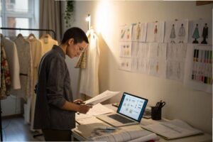 A fashion designer working at a desk, reviewing sketches and designs on a laptop in a creative studio.