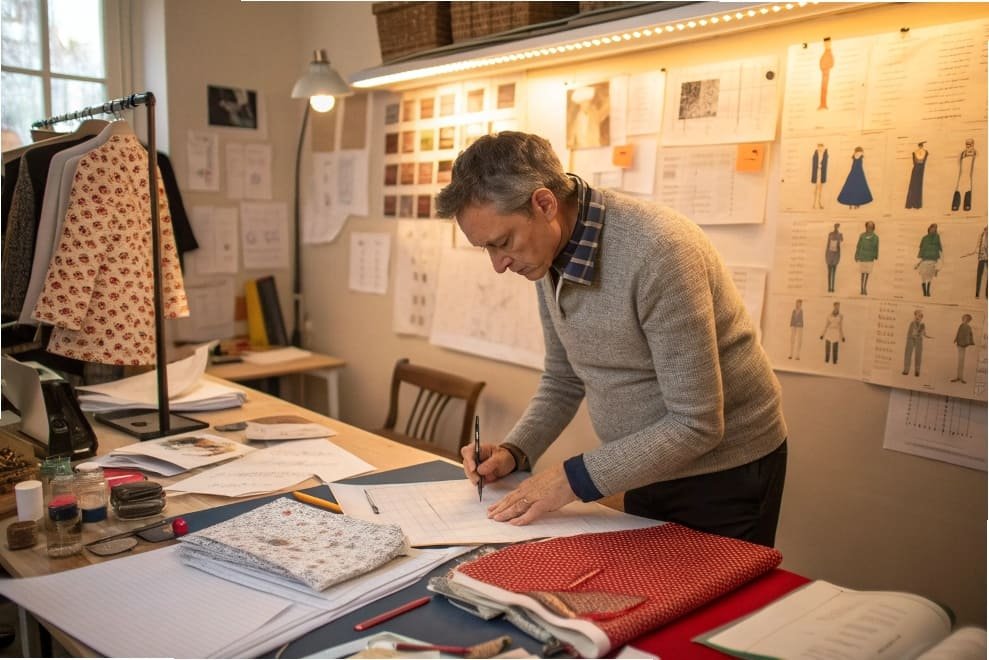 A fashion designer working on sketches and designs in a creative studio.