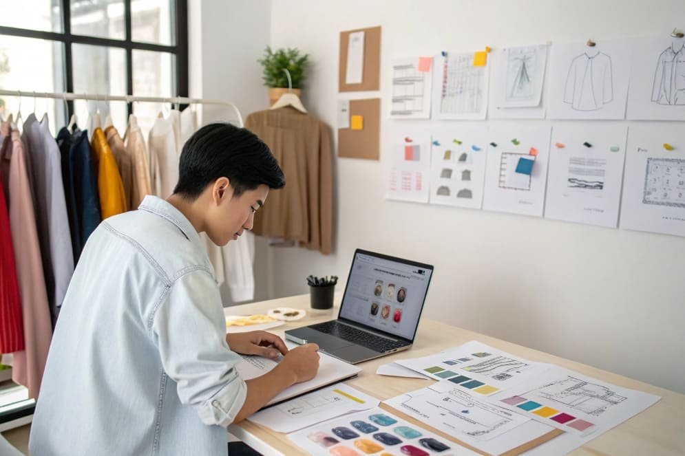A fashion designer working on sketches and fabric color swatches in a design studio with clothing samples displayed on racks.