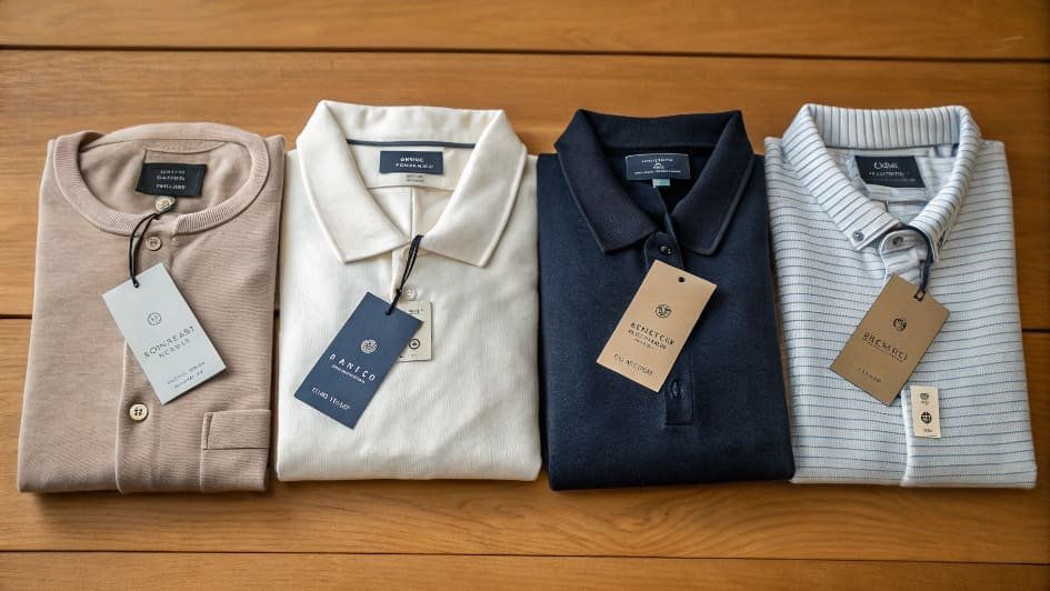 Four neatly folded polo shirts with brand tags on a wooden table