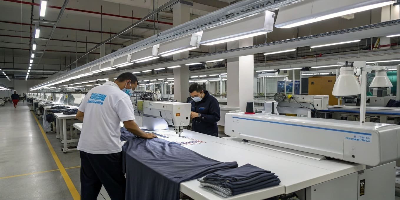 Workers sewing garments on industrial machines in a large clothing factory.