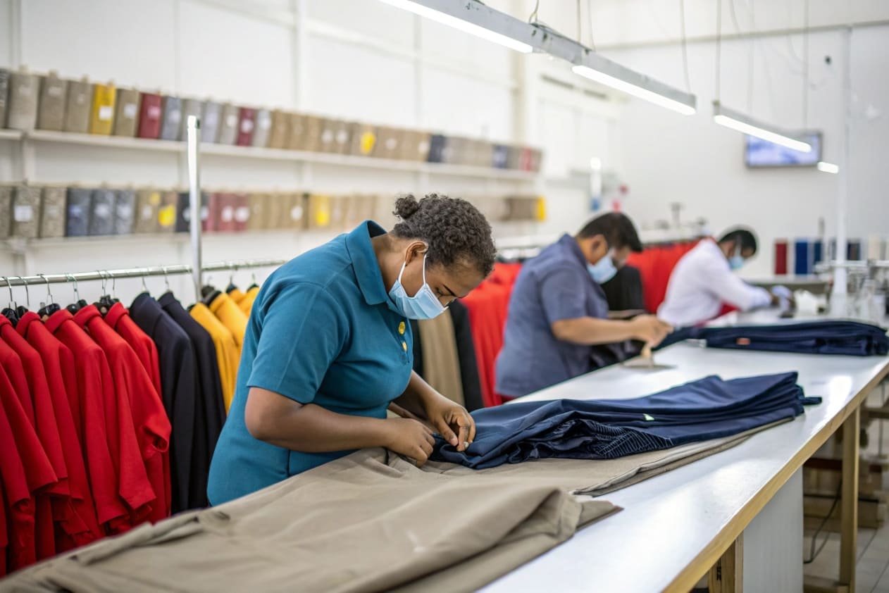 A woman working on folding pants in a garment factory with colorful shirts hanging in the background.