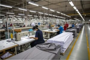 Workers sewing garments on machines in a large textile factory with neatly stacked fabric rolls.