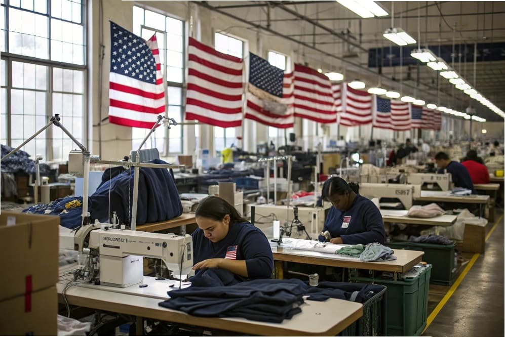 Workers sewing garments in a factory with U.S. flags hanging above and fabric stacks on the tables.