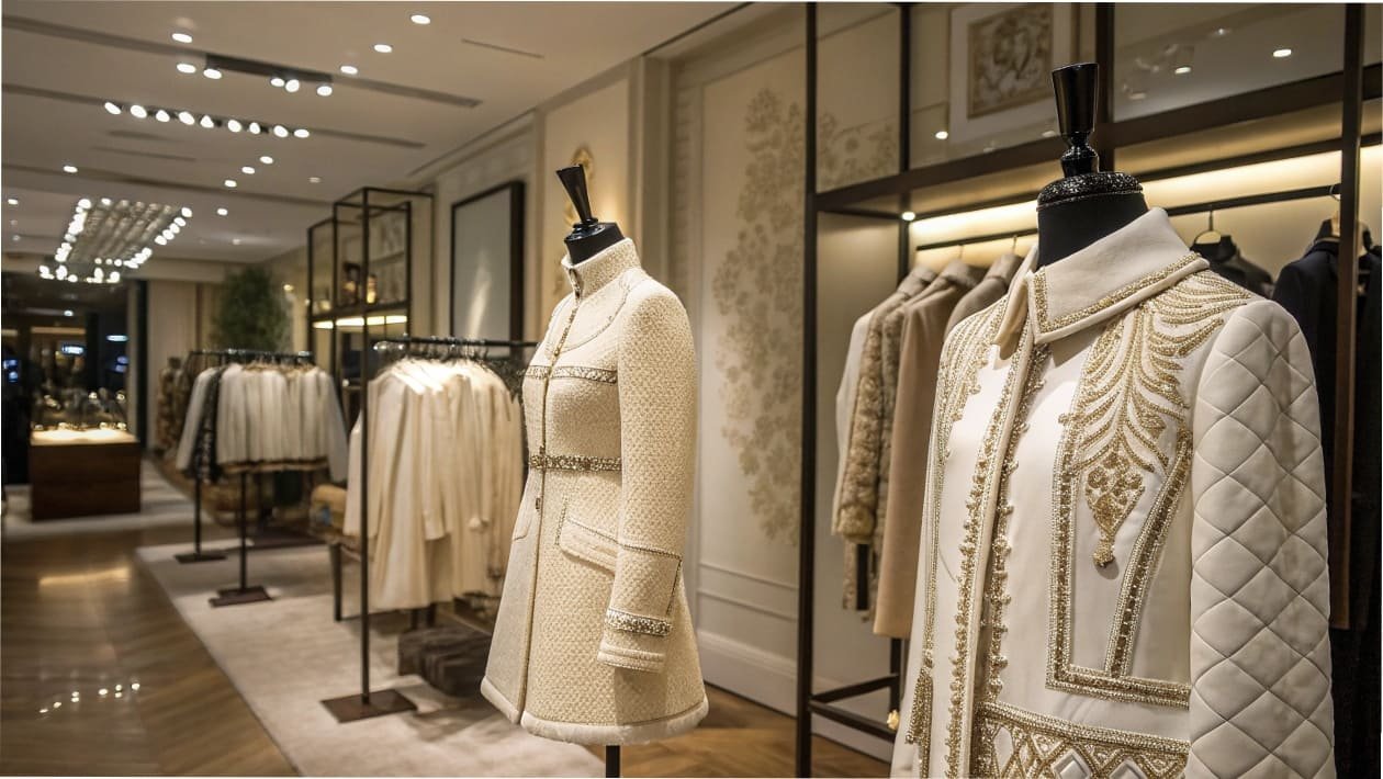 Luxury winter coats displayed in a boutique.