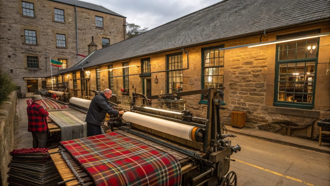 Traditional textile mill with workers weaving tartan fabrics outside stone building.