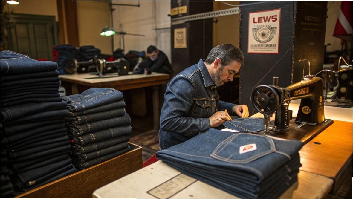 Tailor sewing jeans on vintage machine in denim workshop