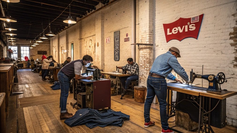 Tailors crafting denim jeans in Levi’s workshop with vintage machines