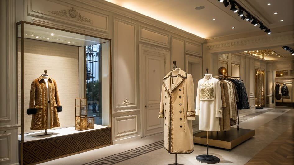 High-end coats and garments displayed in a luxurious boutique.