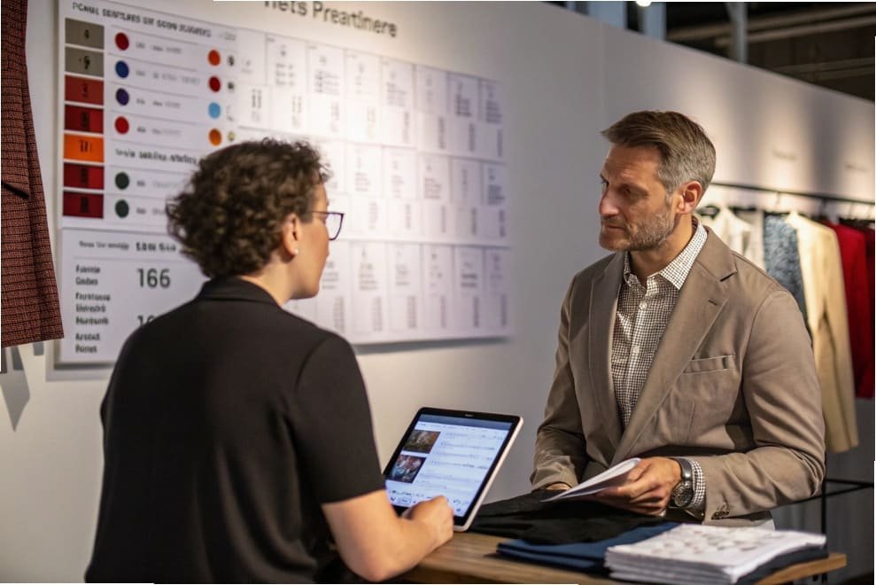 A business meeting between two professionals in a fashion showroom, discussing fabric samples.
