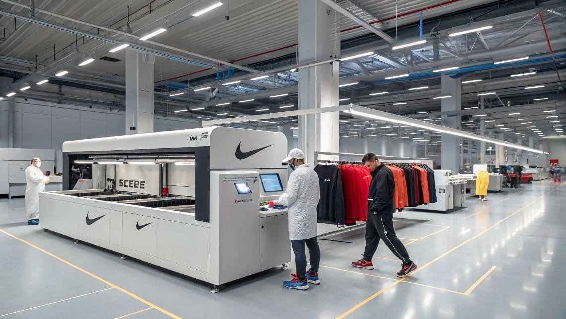 Nike factory workers operating automated machines in a clean facility.