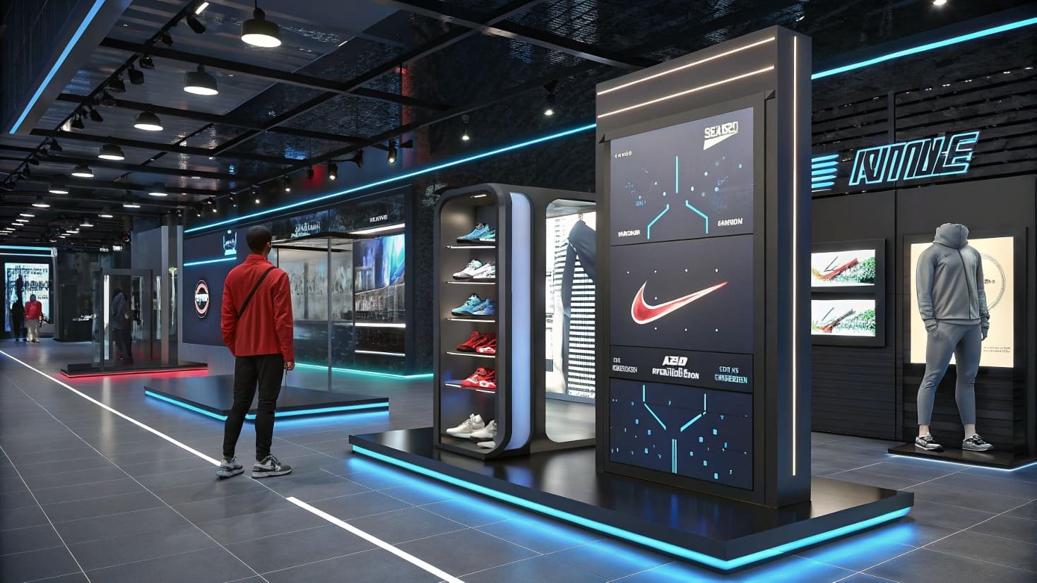 A futuristic Nike store with illuminated displays and shoes on shelves