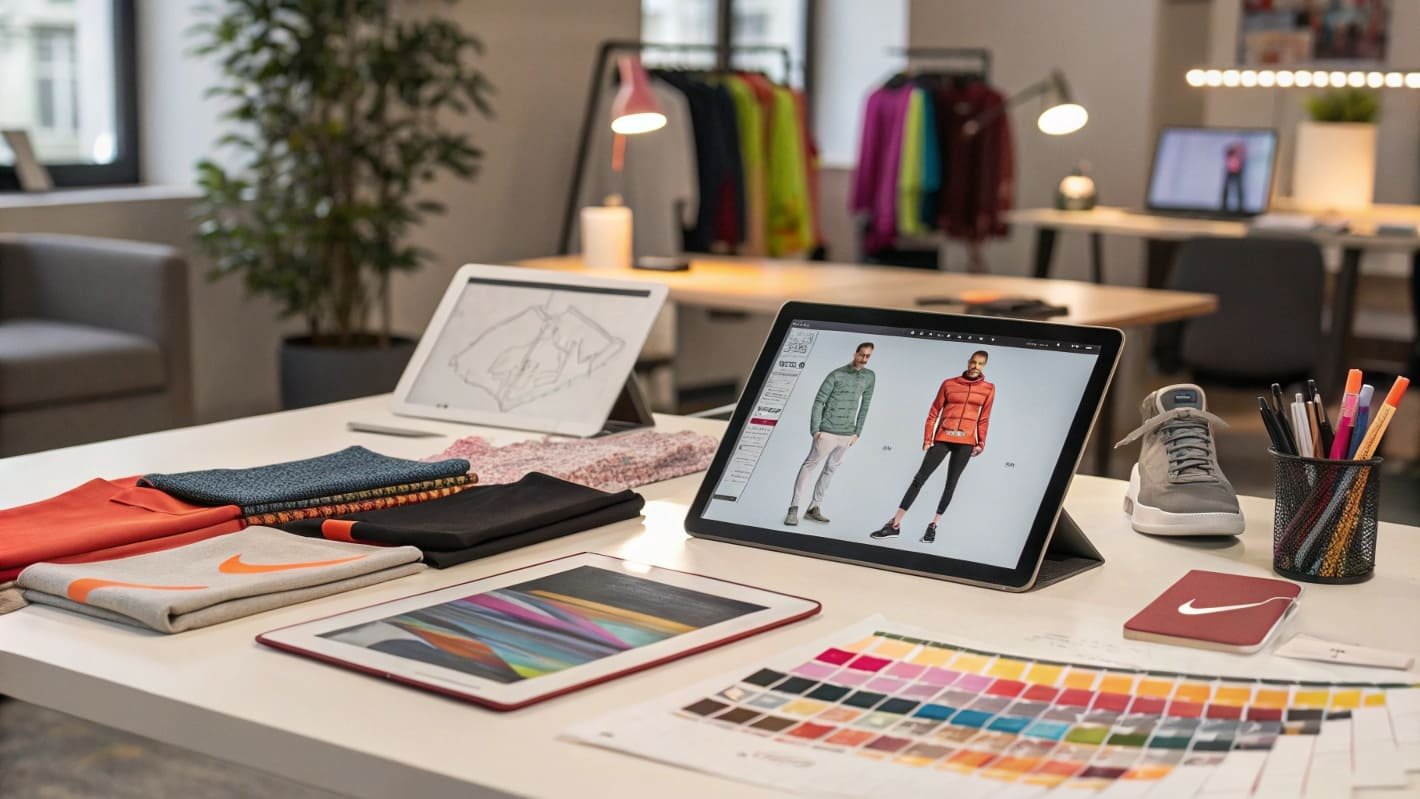 Nike apparel and product designs displayed on tablets and fabric swatches.