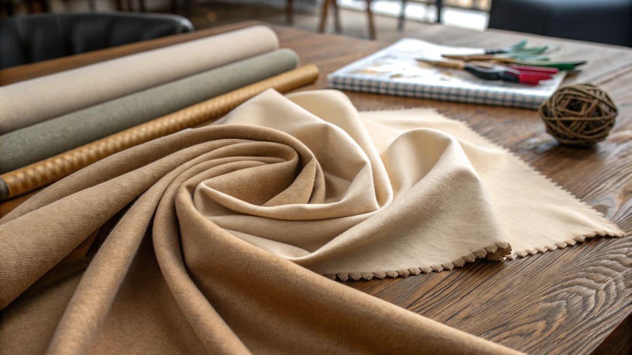 High-quality fabric rolls on a wooden table.