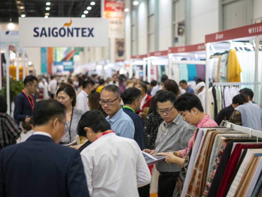 Visitors exploring textile booths at SaigonTex exhibition.