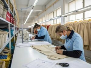 Two workers sewing clothes in a textile factory with neatly organized fabrics and garments in the background.