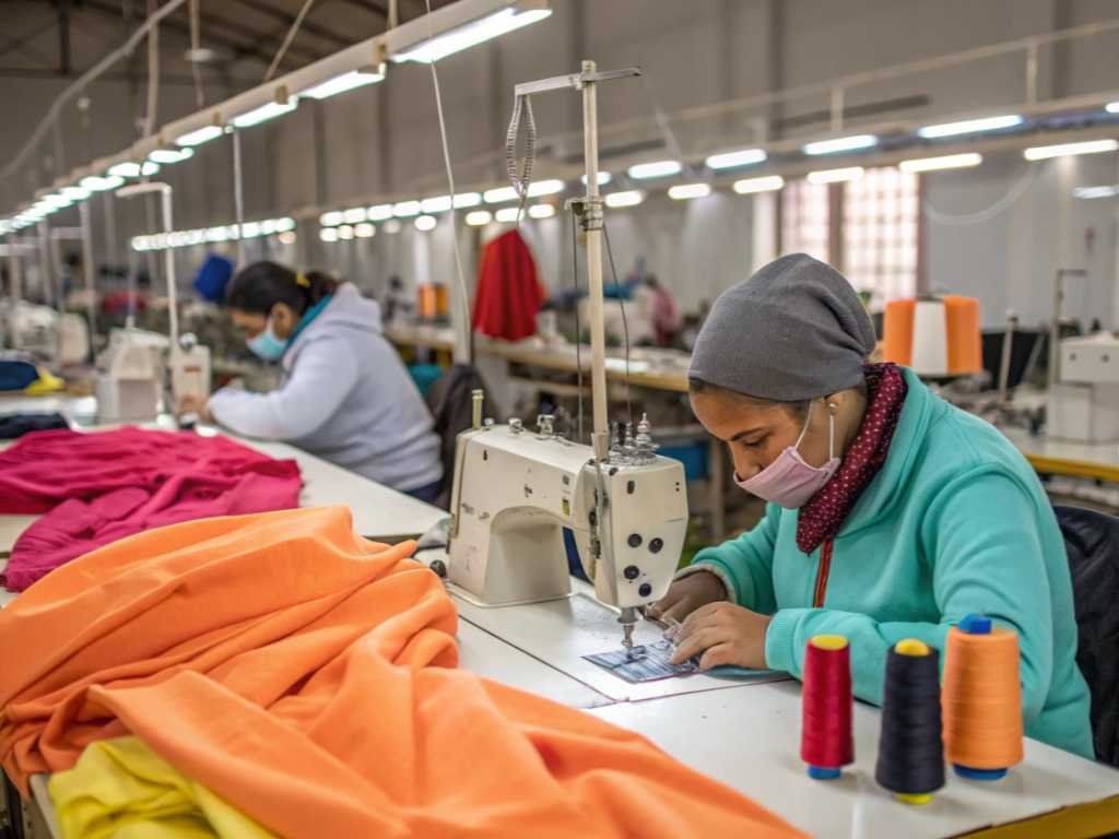 A woman sewing colorful fabric in a factory with several sewing machines and spools of thread.