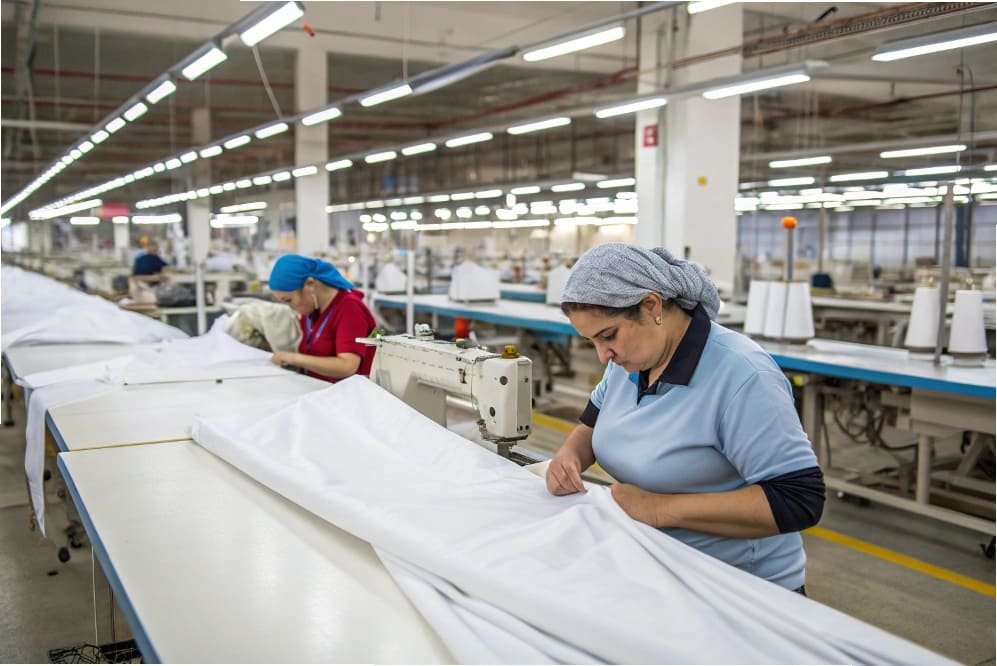 Workers sewing garments in a textile factory with large rolls of fabric on the tables.
