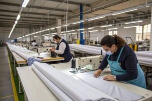 Workers sewing fabric in a textile factory