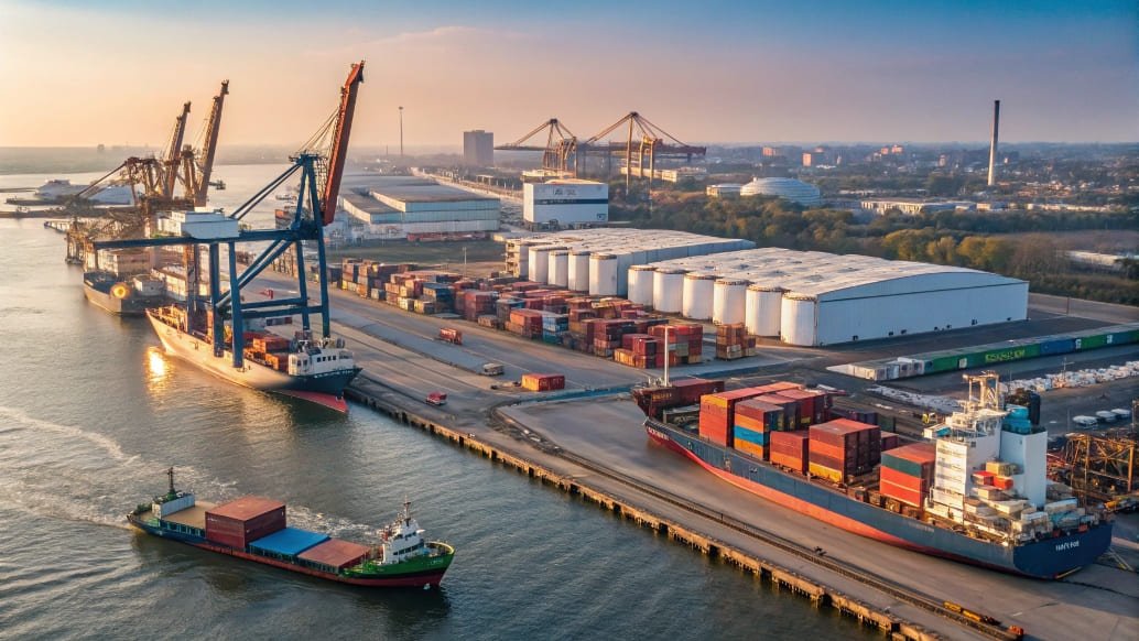 Cargo containers being unloaded at a busy port with ships and cranes