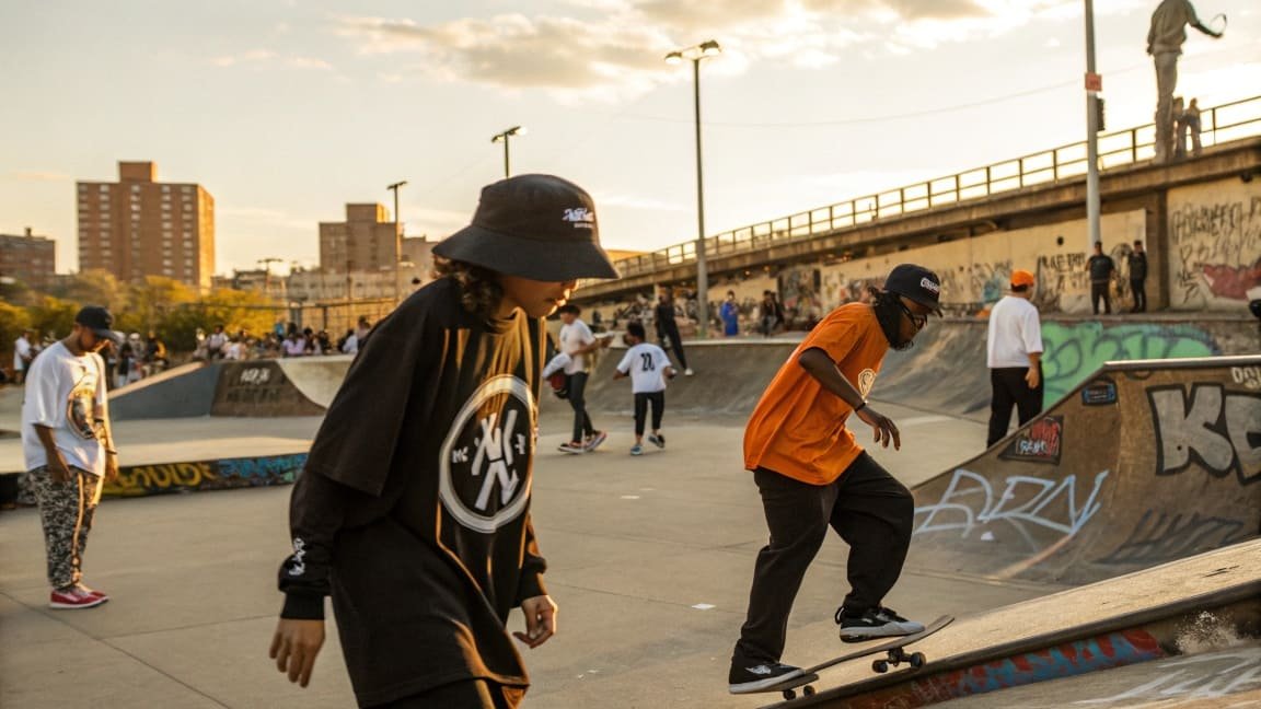 People wearing streetwear skateboarding at an urban skate park
