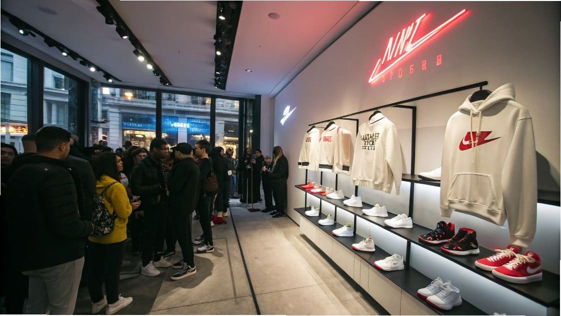 Customers lining up inside a sneaker store during launch