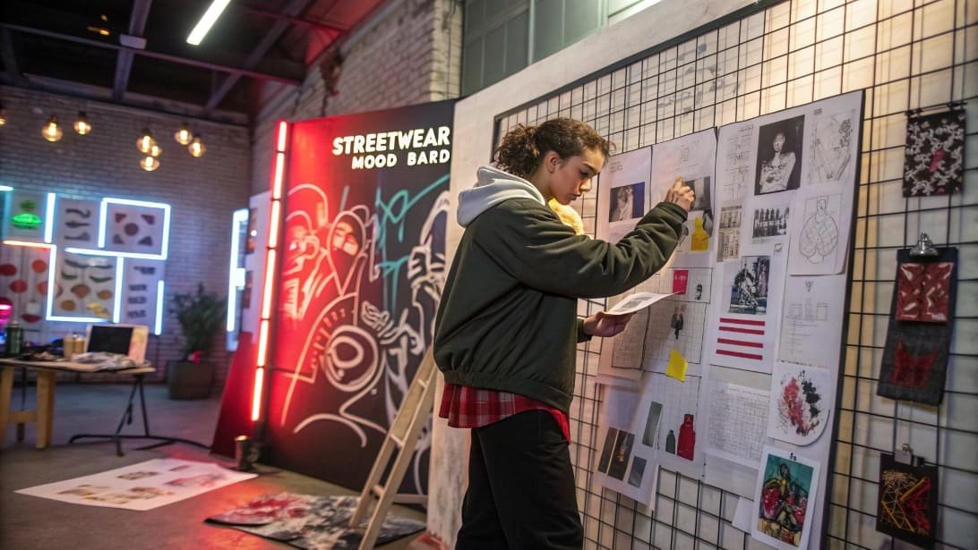 Designer creating a mood board for streetwear fashion