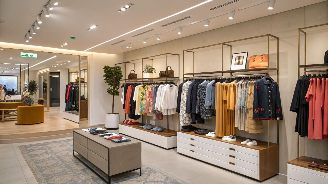 A well-lit and organized retail store displaying neatly arranged clothing on racks with modern design and minimalistic shelves.