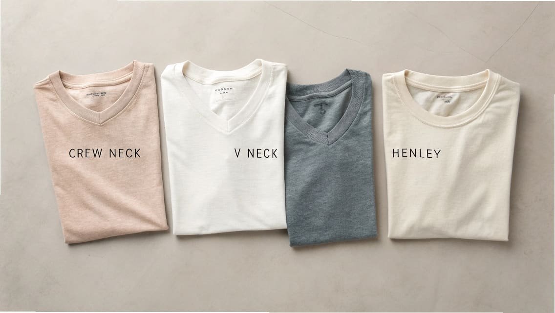 Four folded t-shirts showing crew neck, V neck, and Henley styles.