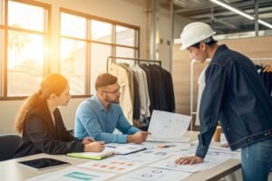 Three people discussing designs and plans for a clothing project in an office.